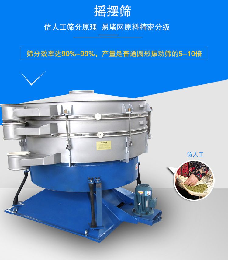 搖擺篩適合精細(xì)和超細(xì)范圍的粉末和微粒狀物料，產(chǎn)量大、精度高